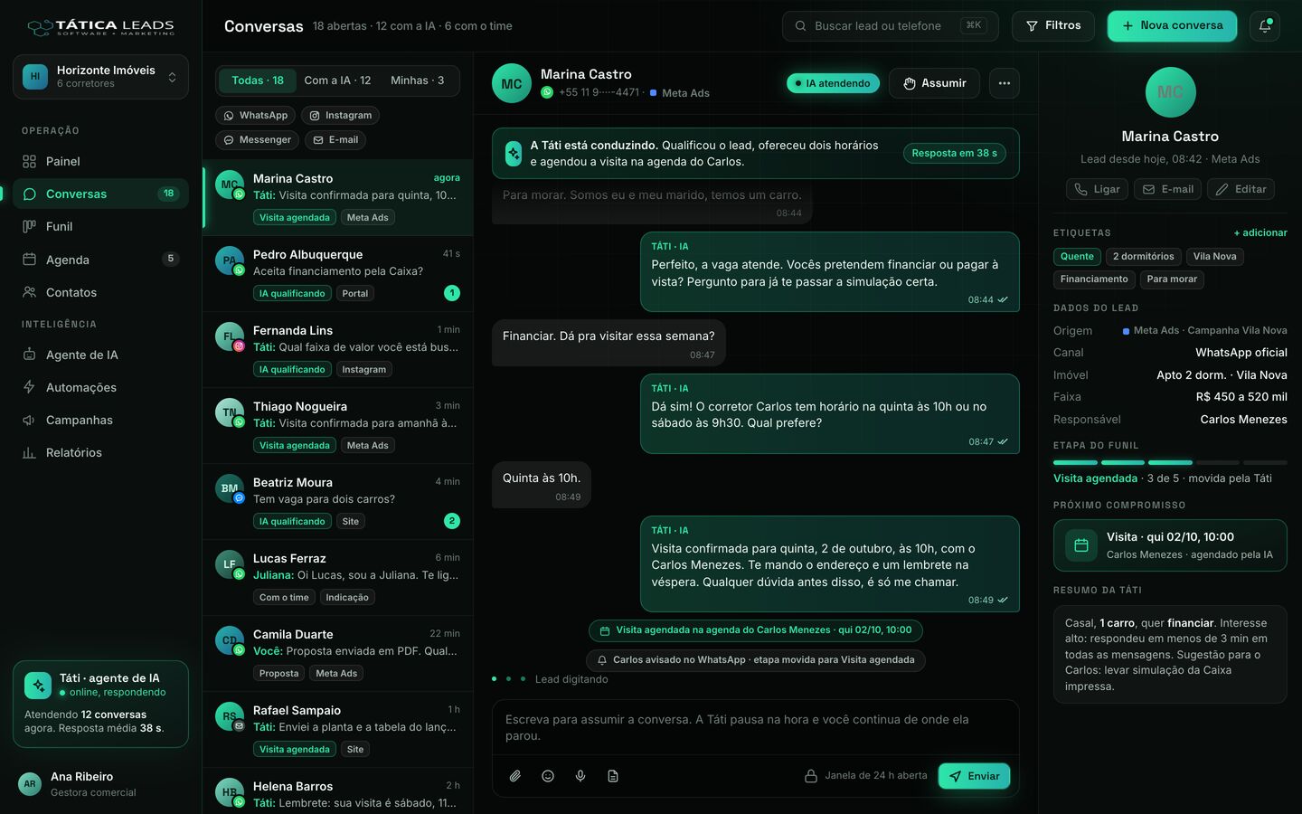 Caixa de conversas do Tática Leads com a IA atendendo um lead
