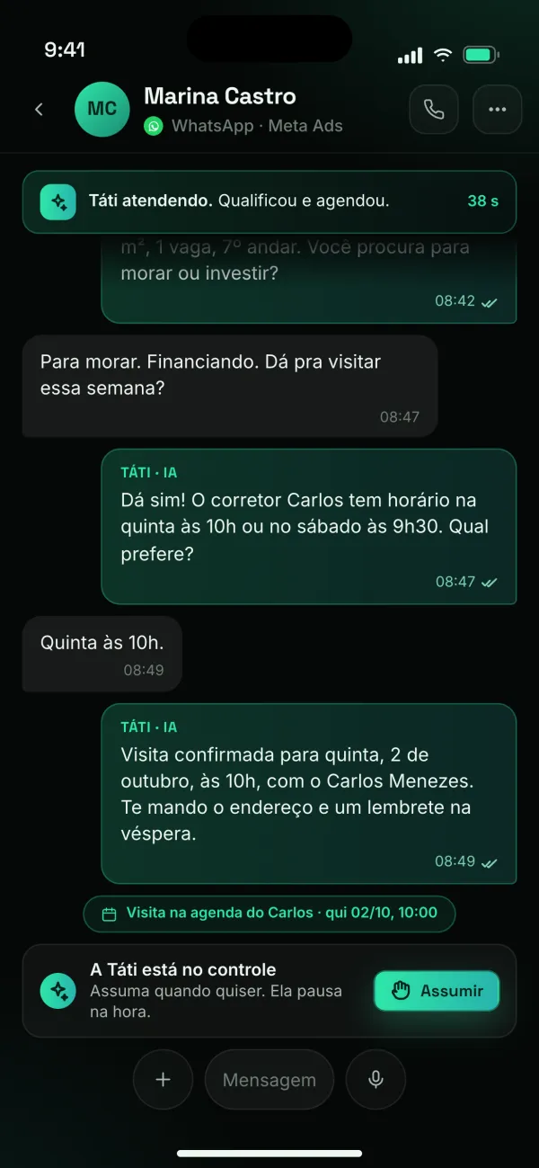 App do Tática Leads: conversa conduzida pela IA com botão de assumir
